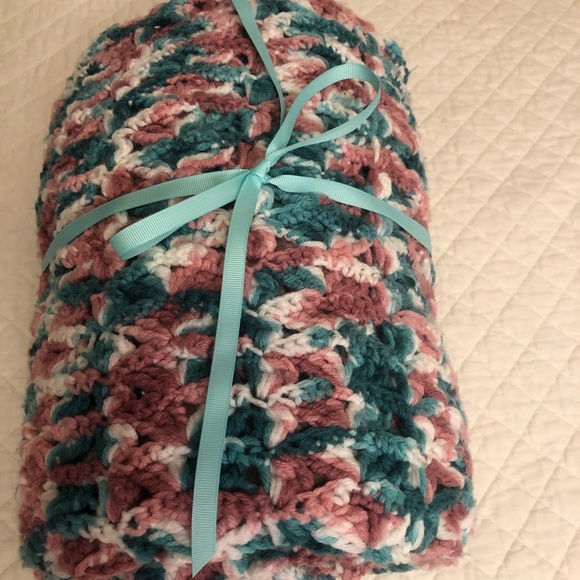 Handmade Crocheted Teal and Pink Blanket - Picture 3 of 7